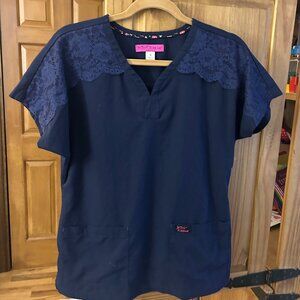 Betsey Johnson Navy Scrub Top w/ Lace Shoulders | Size S
